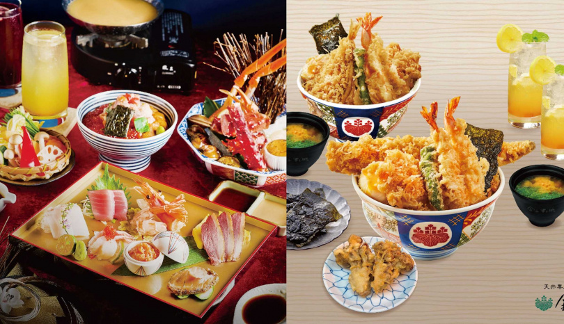 日本橋海鮮丼辻半「新春套餐海膽御節膳」(左,3,999元)、金子半之助蛇年迎春雙人套餐。(1,099元,圖/日本橋海鮮丼辻半、金子半之助提供)