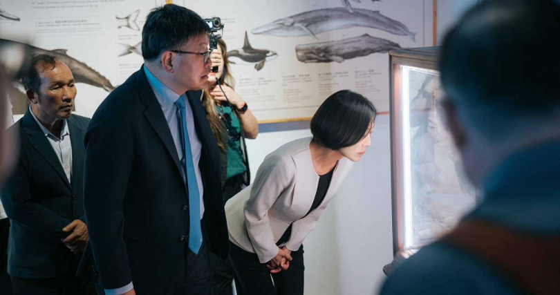 「鯨靈.淨零」特展今日舉辦開展記者會,中信金控證券事業長張浴澤(左一)、副總經理孫紀蘭(右二)仔細觀展(圖/中信金控提供)。