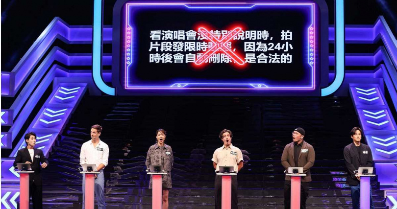 木村正太（左起）、賈斯汀、李霈瑜、周厚安、Vicky老絲、徐新洋等人在節目上答題。（圖／公視提供）