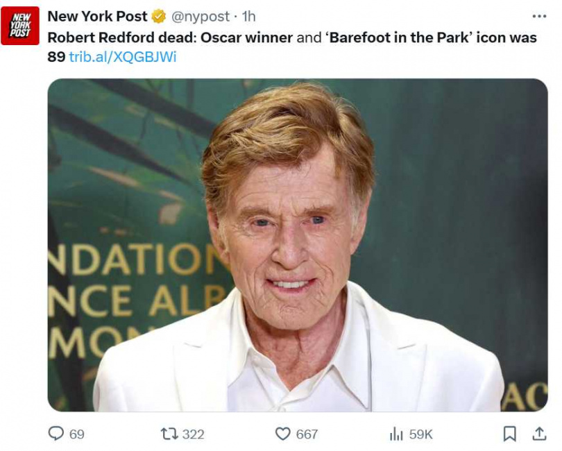 好萊塢傳奇勞勃.瑞福於美國時間週二清晨在猶他州家中辭世,享壽89歲。(圖/翻攝自X, @nypost )