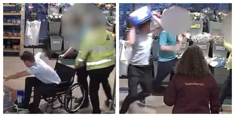 假扮輪椅使用者的布朗遭保全攔查時突然起身施暴,畫面曝光引發譁然。(圖/翻攝自Kent Police公開畫面)