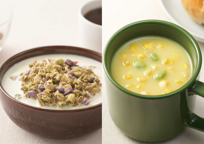 「抹茶紅豆烘烤穀麥」（左，199元）、沖泡湯品「毛豆玉米濃湯」。（99元，圖／無印良品提供）