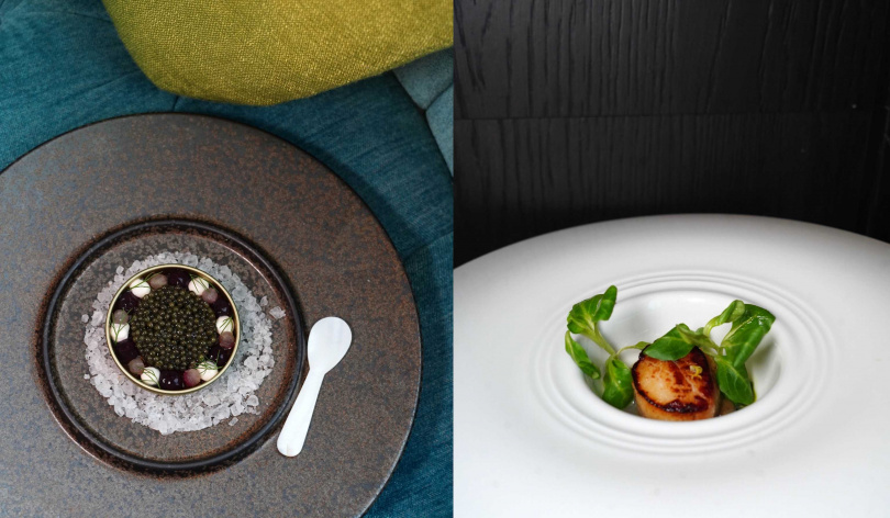 「松葉蟹與魚子醬」（左，套餐加價200元）濃鮮中有帶有一抹清新，右為在青醬製作上以花生取代松子，搭配煙燻炭烤茄泥來平衡濃郁醬汁的「香煎干貝」。（圖／魏妤靜攝）