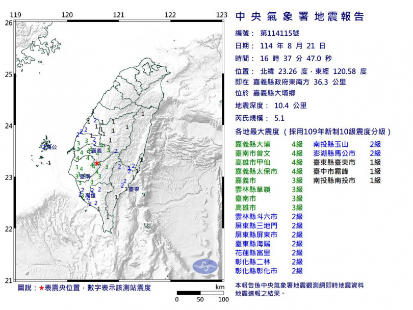 嘉義縣大埔今天下午發生規模5.1的有感地震。（圖／翻攝自氣象署）
