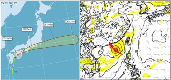 吳德榮指出，最新氣象署路徑潛勢預測圖顯示，輕颱「琵琶」今日侵襲四國、本州南側；最新歐洲模式模擬圖顯示，另一「熱帶擾動」在南海發展，估下週一侵襲港、澳。（圖／翻攝自氣象應用推廣基金會）