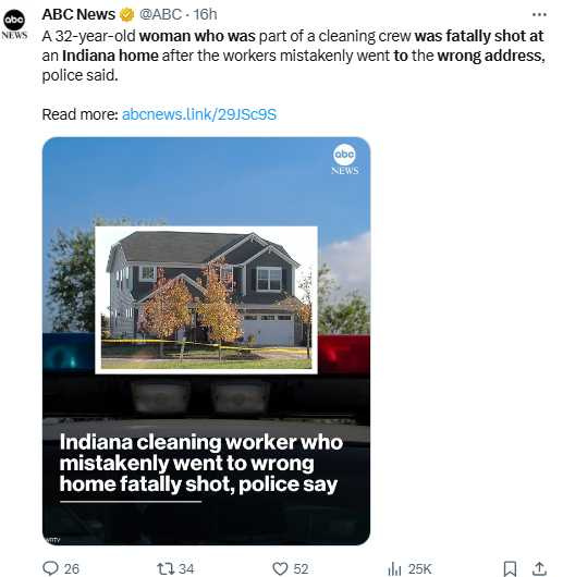 該起事件發生於印第安納波里斯郊區，死者當時站在門前按鈴準備清潔，卻不幸遭屋主射殺身亡。（圖／翻攝自X，@ABC）