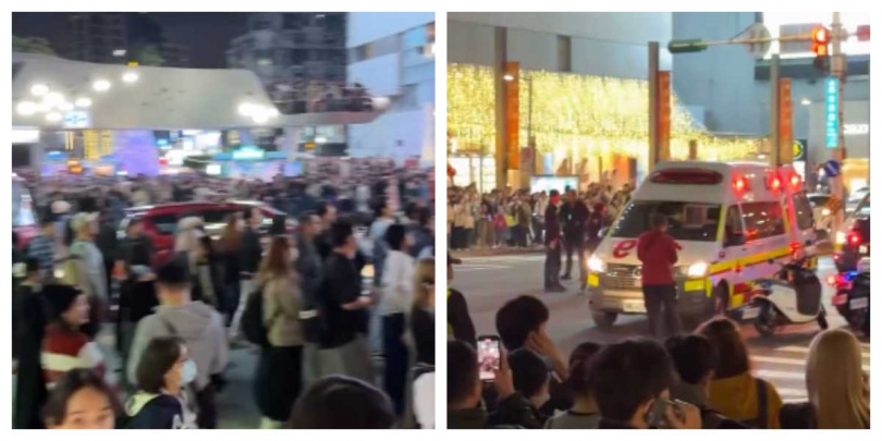 北捷中山站晚間發生攻擊事件，現場人潮擁擠，商場外拉起封鎖線，救護車與警力進駐戒備，商場內民眾驚慌逃竄。（圖／翻攝自Threads，vincent_jelly_66666）