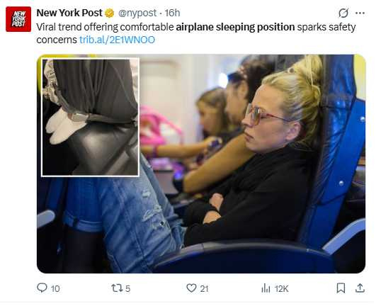 社群平台流傳的「雙腳上座」飛機睡姿，引發對機上安全、健康與飛航禮儀的討論，部分旅客表示嘗試時曾被空服員制止。（圖／翻攝自X，@nypost）