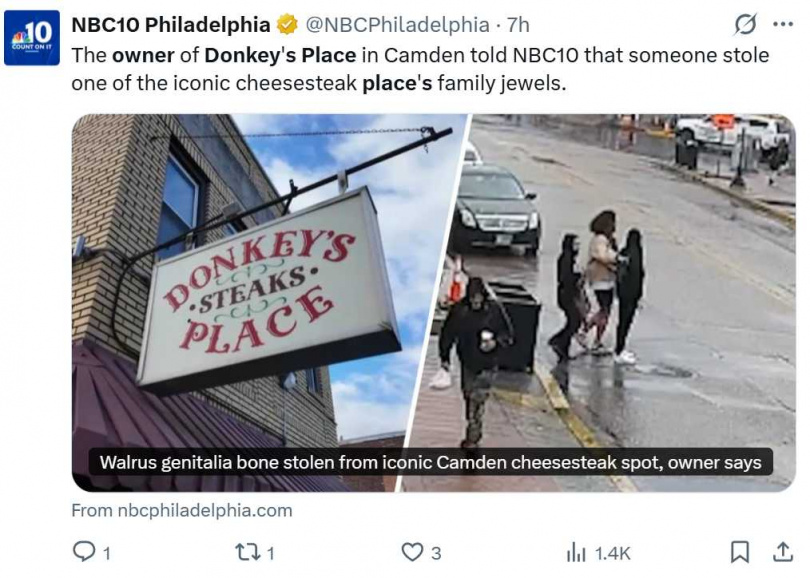 餐廳員工透過社群平台呼籲歸還失竊標本，強調不會提告。（圖／翻攝自X，@NBCPhiladelphia）