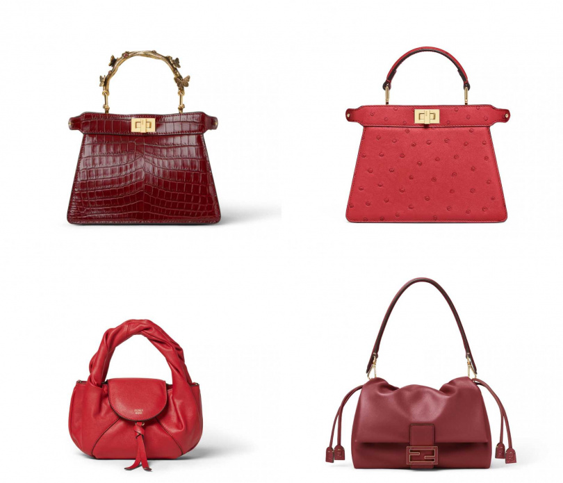FENDI Peekaboo ISeeU 酒紅色鱷魚皮包款、FENDI Peekaboo ISeeU 紅色鴕鳥皮包款、FENDI Spy Bag紅色皮革迷你包款、FENDI Mamma Baguette中型包款。(圖/品牌提供)