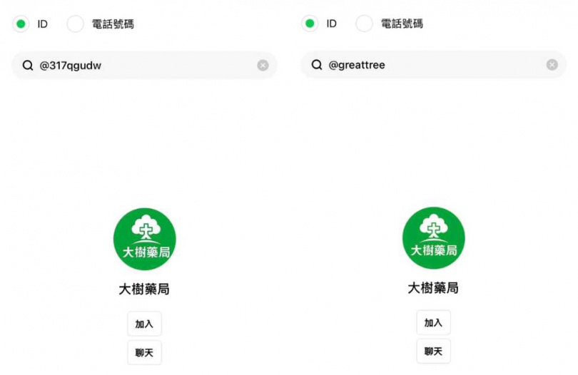 左為假「大樹藥局」，右為真「大樹藥局」。（圖／擷取自LINE）