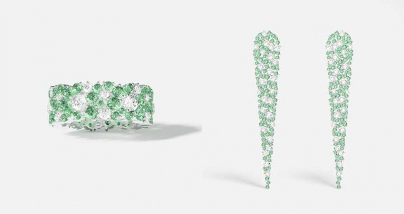 APM Monaco淡綠色寬版水滴戒指／5,000元，淡綠色個性水滴耳環／9,700元（圖／品牌提供）