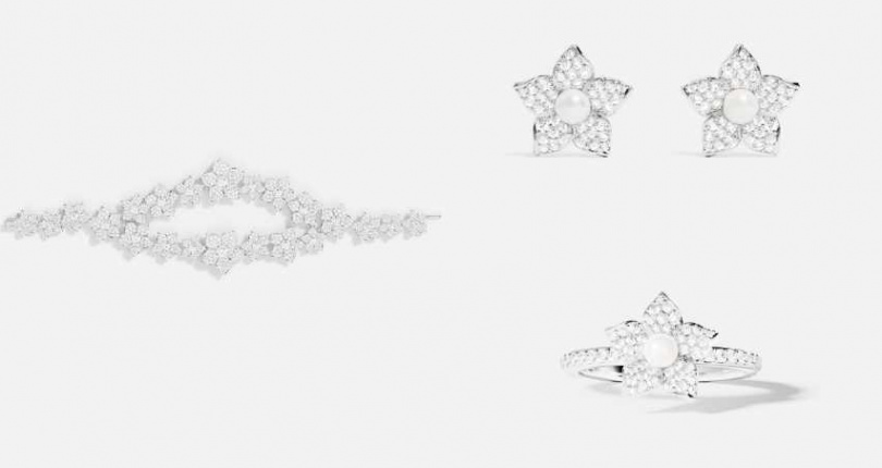 APM Monaco個性花朵手鏈／16,900元，珍珠花朵耳釘／2,800元，珍珠花朵戒指／2,800元（圖／品牌提供）