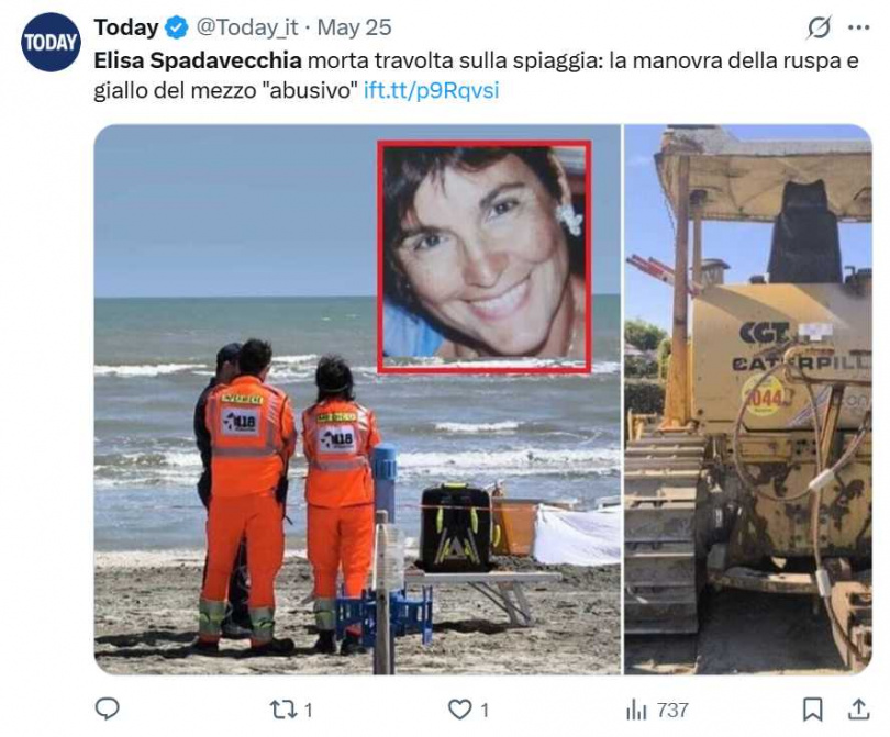 義大利退休女教師海灘曬太陽時遭推土機輾斃，丈夫靠「尋找iPhone」發現遺體。（圖／翻攝自X）