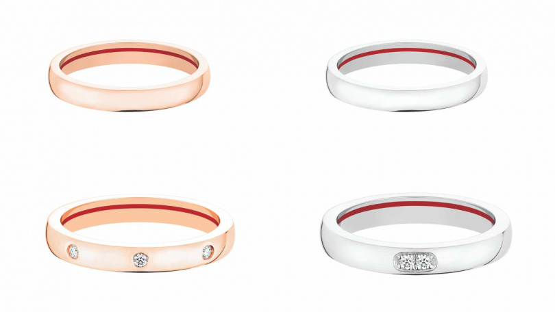 QEELIN Hong Xian系列玫瑰金戒指3毫米/39,000元、鉑金戒指3毫米/42,000元,玫瑰金多顆美鑽戒指/55,500元,鉑金美鑽戒指/46,000元(圖/品牌提供)