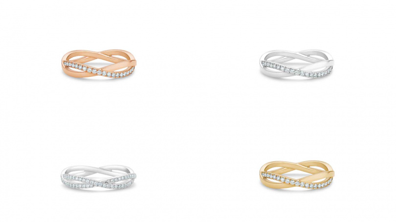 De Beers Infinity 18K玫瑰金半鑲鑽戒指/89,000元,Infinity 18K白金半鑲鑽戒指/89,000元,Infinity 18K白金全鑲鑽戒指/135,000元,Infinity 18K黃金半鑲鑽戒指/89,000元(圖/品牌提供)
