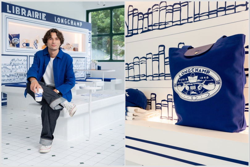 Longchamp攜手法國藝術家Constantin Riant打造的「瓏驤。匠心巴黎」限時快閃街區和咖啡館。（右）限定販售包款推薦：ÉPURE 吐司造型包款：向巴黎麵包文化致敬，趣味與匠心並重。（圖／品牌提供）