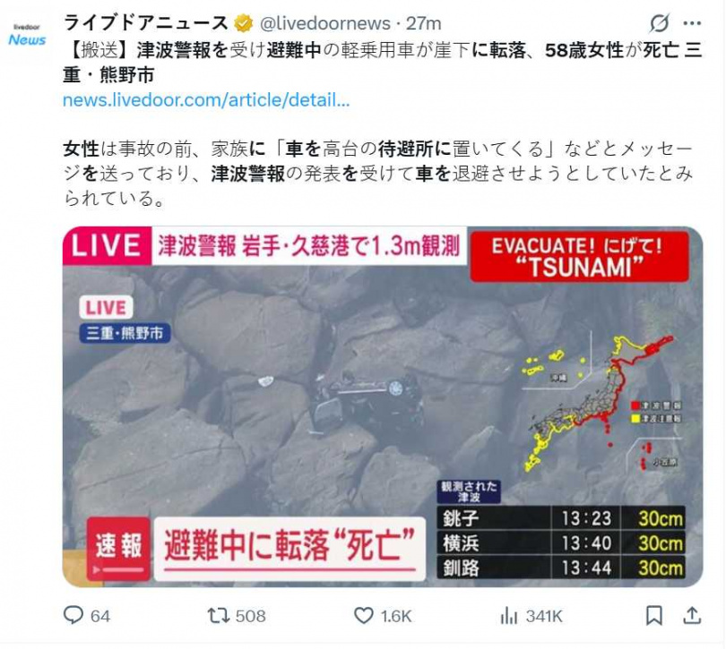 日本三重縣熊野市一名58歲女性在俄羅斯外海強震後的海嘯警報發布期間,駕車避難途中車輛自國道311號邊坡墜落至約20公尺深谷底,最終傷重不治身亡。(圖/翻攝自X)