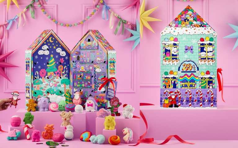 LUSH高街29½號月曆禮盒（7,450元），靈感源自品牌起點門市「29½ High Street」，以25款浸浴產品打造泡泡奇幻世界，附5款限量新品與角色紙板設計，充滿童趣想像。（圖／品牌提供)
