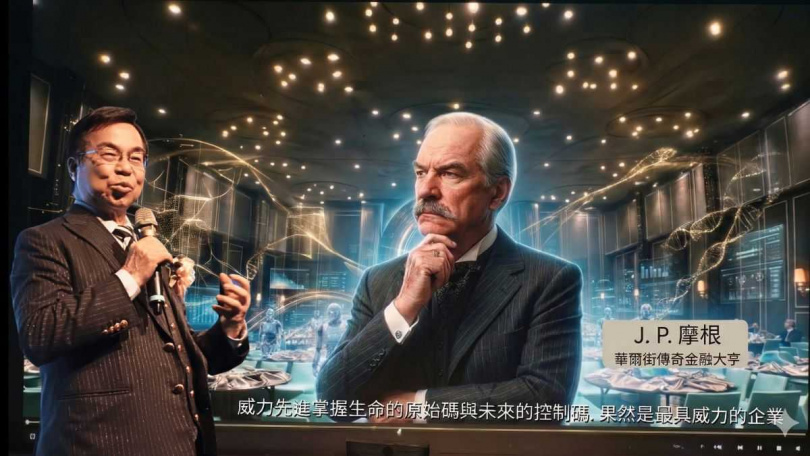 威力先進董事長王文欽博士與AI對話並透過高階 AI 數位孿生（Digital Twin）技術，導入 J.P. 摩根的資本洞察與發明家富蘭克林的科學思維。（圖／威力先進提供）
