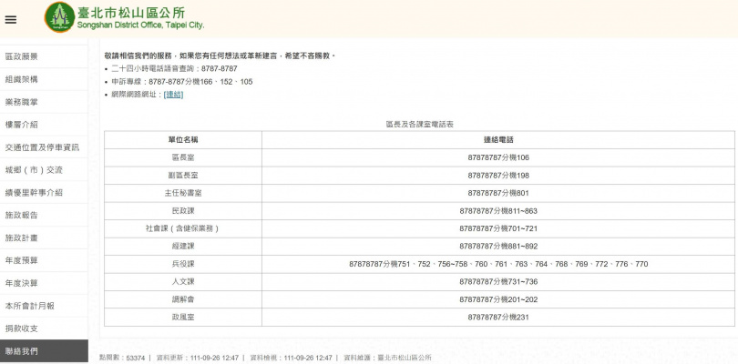 台北市松山區公所聯絡電話。（圖／擷取自台北市松山區公所）