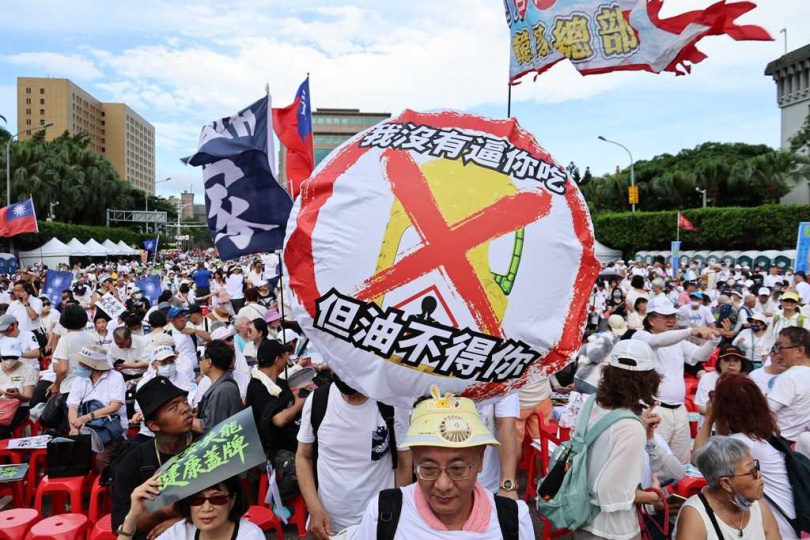 「我是人,我反毒台」集會遊行活動25日在凱道舉行,民眾高舉標語表達反毒油、護食安的立場,及對賴政府的不滿。(圖/中國時報姚志平攝)