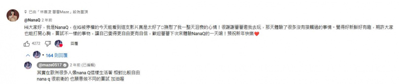NanaQ在影片下方留言感謝薔薔。（圖／翻攝自薔薔YT）