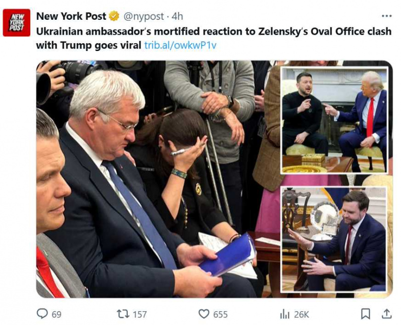川普和澤倫斯基開辯吵架！烏駐美大使「搖頭緊壓眉心」反應全被拍。（圖／翻攝自X）