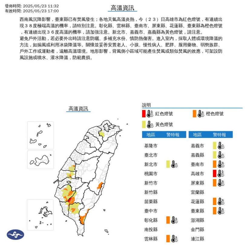 10縣市亮高溫燈號。(圖/中央氣象署)