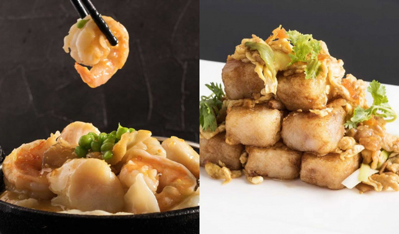 「粵亮尋飽」主打平日午餐不限時吃到飽，今年豪邁升級推出現點現做的瓦甕煲仔類料理（左），還有必吃的熱炒類主食「XO醬桂花蘿蔔糕」。（圖／六福旅遊集團提供）