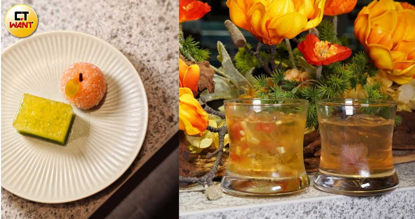 掬菓以京都主題設計「柑橘道明寺」和菓子與「薰風」羊羹（左），張國偉Perry也打造京都季節茶調酒。（圖／魏妤靜攝）