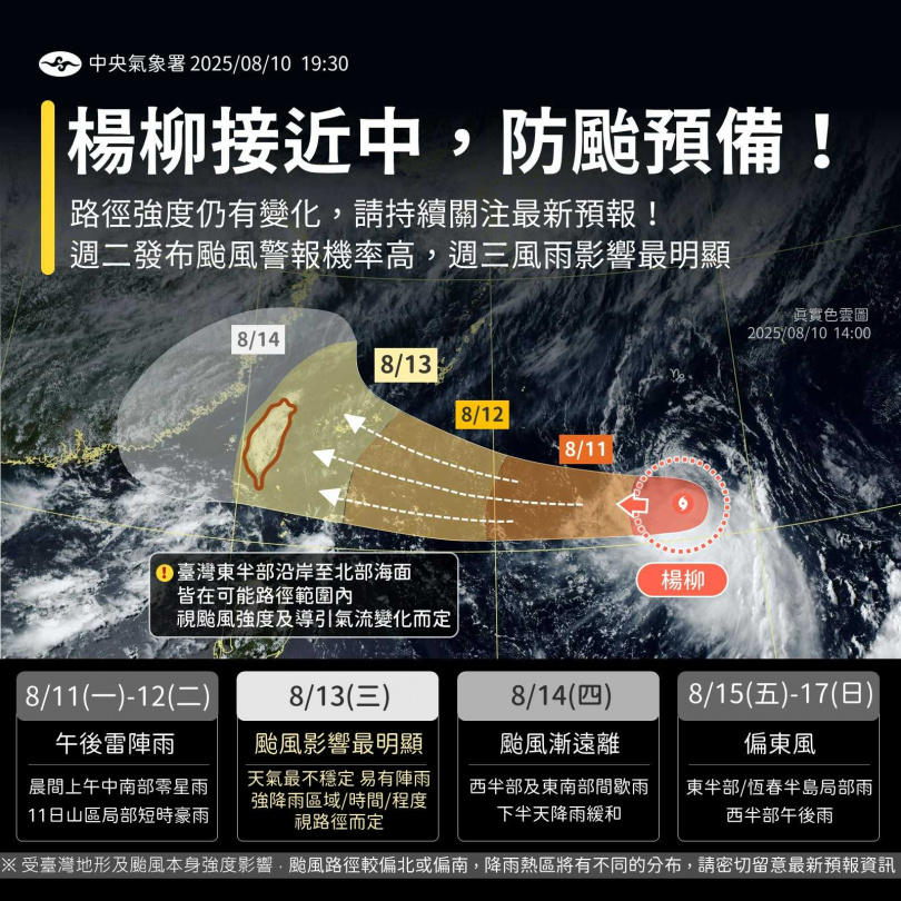 楊柳接近中，防颱預備。（圖／翻攝自「報天氣-中央氣象署」臉書）