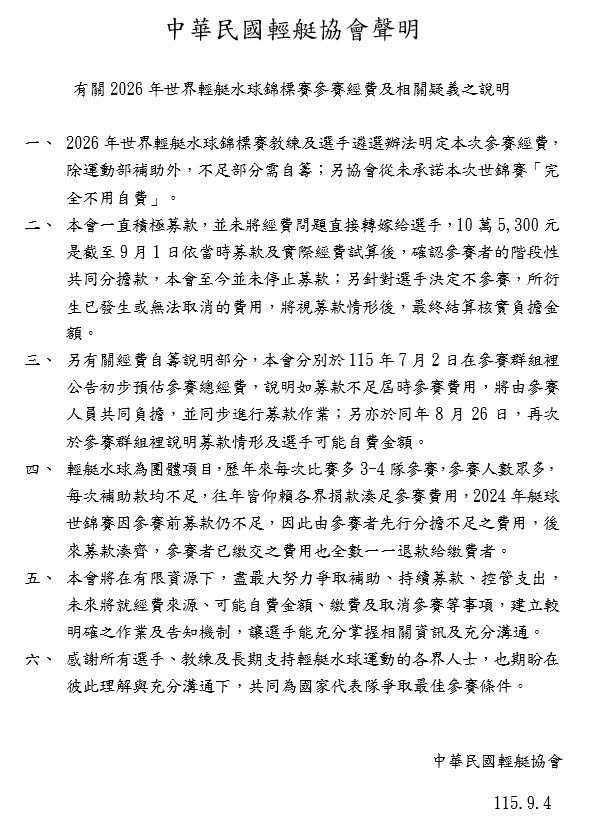 針對選手爆料,中華民國輕艇協會發表聲明澄清。(圖/翻攝自臉書/中華民國輕艇協會)