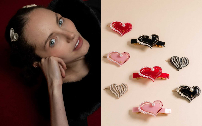 法國亞歷山卓髮飾以象徵愛情的心形為設計元素，推出「愛慕之心」、「心動時刻」系列商品，由法國師傅手工裁切、拋光後，鑲飾上精緻閃亮的施華洛世奇水晶與珍珠，搭配帶點俏皮韻味的愛心造型，透露她藏在髮上的小心思。（圖／品牌提供）