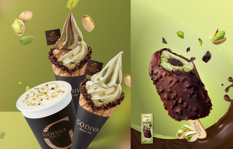 GODIVA門市限定的開心果霜淇淋有白巧克力與雙重巧克力口味，與開心果奶昔皆為220元（左），右為超商、超市上架的「開心果黑巧克力流心雪糕」。（119元，圖／GODIVA提供）
