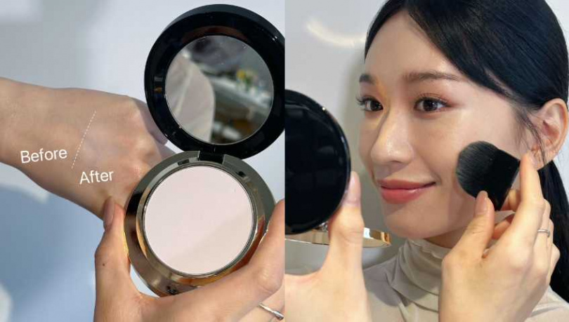 SUQQU 晶采輕霧定妝蜜粉餅 #柔薰紫(蕊)／2,100元、定妝蜜粉餅盒<附收納袋・蜜粉刷>／1,100元。（圖／廖怡婷 攝）