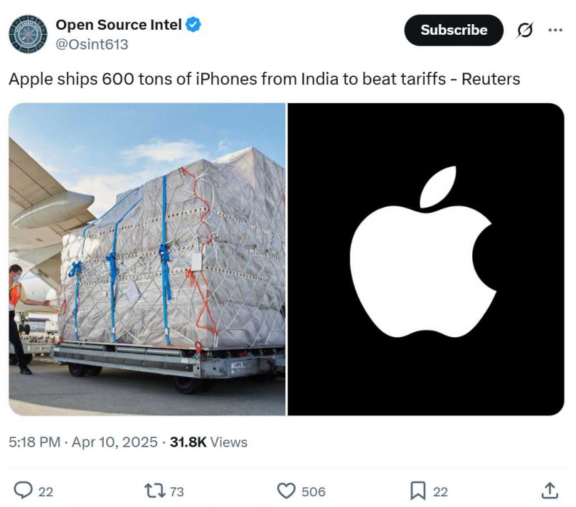 蘋果公司近日為了閃避川普政府對貿易夥伴祭出的高額對等關稅，緊急從印度空運大批iPhone到美國。（圖／翻攝自X）
