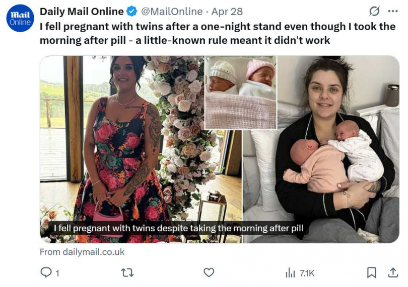 蘇格蘭女子與男子發生一夜情後雖然吃了避孕藥,卻意外懷上雙胞胎。(圖/翻攝自X)