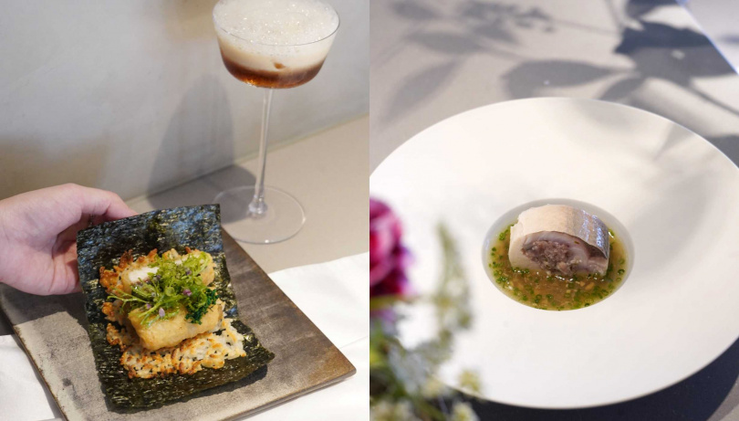 「白鰻／手巻き／花山椒」（左）可嘗到雪莉醋的微酸適度提味，建議搭配「杜松子紅茶／豆漿泡泡」，「虱目魚／Pickled／東星石斑」則在湯中藏入粗米粉。（圖／魏妤靜攝）