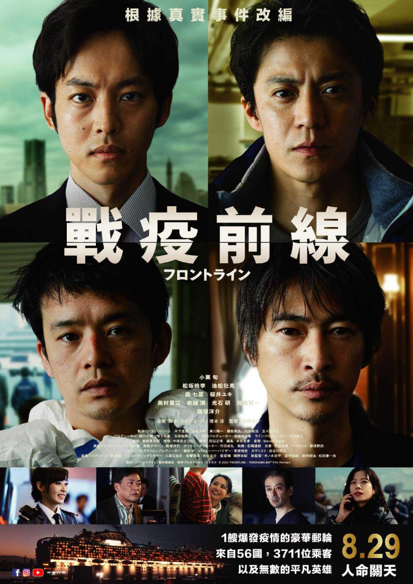 池松壯亮(左下)為表達疫情期間醫護人員長時間工作的辛苦,特意一直戴著口罩,以呈現自然的壓痕。(圖/天馬行空提供)