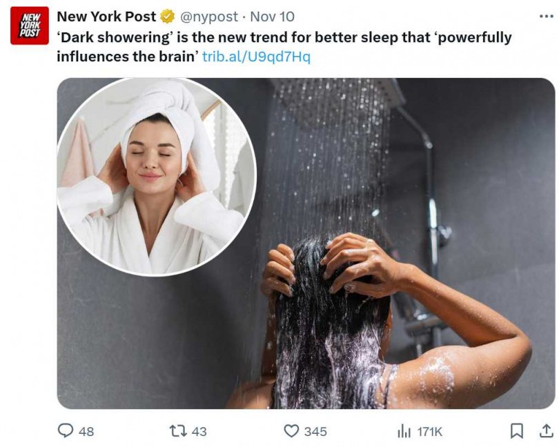 專家建議睡前在昏暗環境中沐浴，有助降低感官刺激與大腦負荷。（圖／翻攝自X，@nypost）