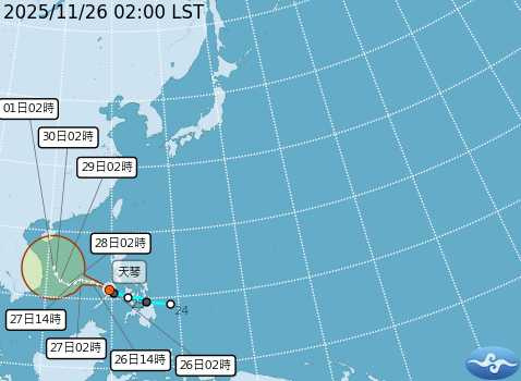 輕颱「天琴」持續朝西北西前進。（圖／中央氣象署）