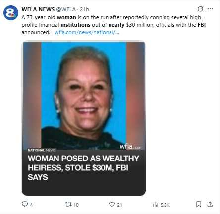 73歲麥克唐納假冒航空家族繼承人,從美國銀行騙走鉅款,如今成為全球通緝犯。(圖/翻攝自X,@WFLA)