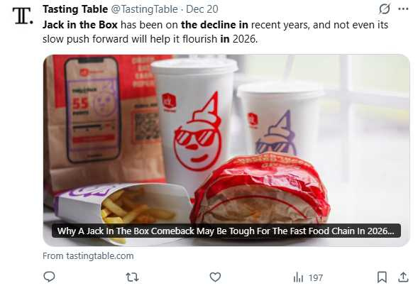 美國速食連鎖品牌Jack in the Box近年營運壓力沉重，正逐步關閉全美表現不佳門市。（圖／翻攝自X，@TastingTable）