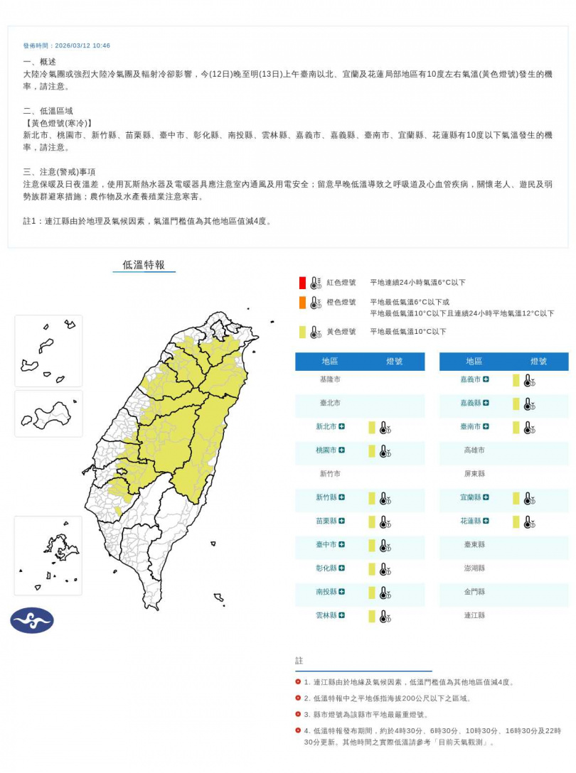 低溫特報。（圖／中央氣象署）