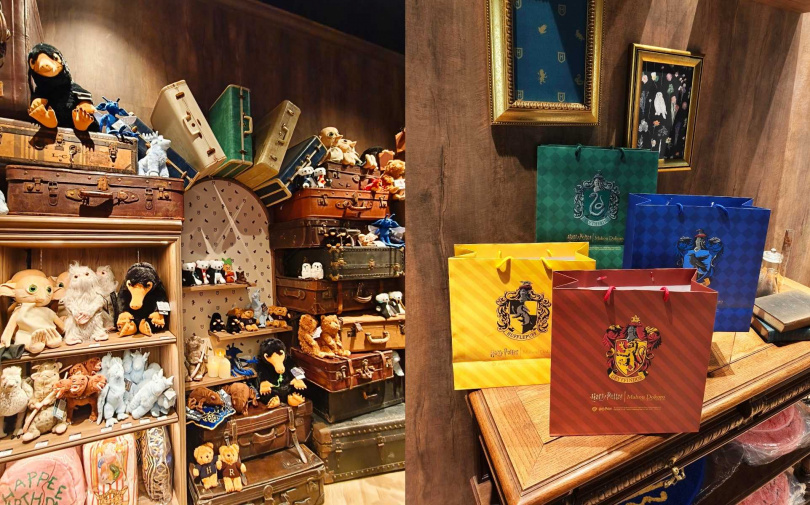 現場有靈感來自《怪獸與牠們的產地》的行李箱與奇獸（左），消費滿800元贈「霍格華茲學院限定紙袋」1個。（圖／魏妤靜攝）