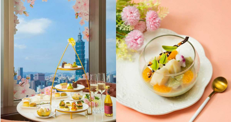 馬可波羅酒廊推出週末限定「靜岡抹茶下午茶」（左），飲品可加價升級香檳，右為下午茶套餐中的「主廚驚喜杯 抹茶芝麻黑豆布蕾」。（圖／台北遠東香格里拉提供）