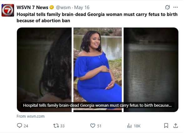 美國喬治亞州一名30歲懷孕婦女在遭遇多重腦血栓後被宣告腦死亡，然而院方決定將這名已「法律上死亡」的女子生命延續至胎兒能夠存活的時刻。（圖／翻攝自X）
