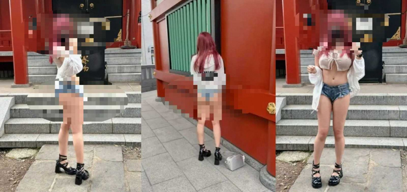 台灣女網紅穿爆乳裝、超短褲現身日本神社,引發網友批評。(圖/翻攝自DCARD)
