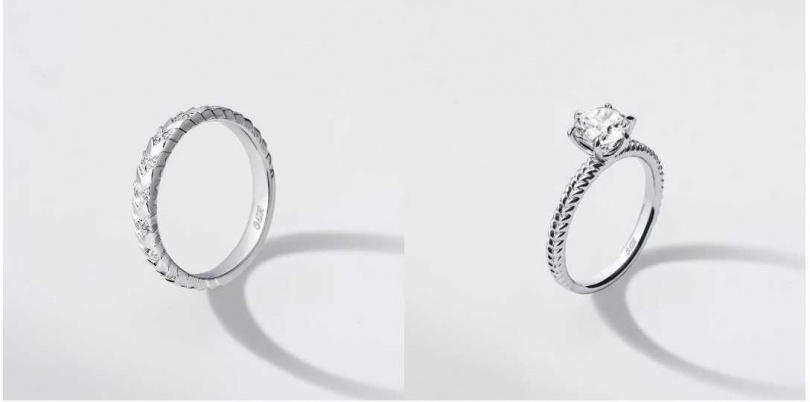 經典月桂系列:Laurel Serenity 鉑金鑲鑽戒指/約 76,000元;Laurel of Love 鉑金圓形明亮式鑽石戒指/約 797,000元(圖/品牌提供)